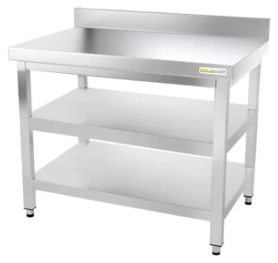 Productafbeelding van RVS werkblad, 1000 x 500 mm, met achterwand en 2 PREMIUM planken - GOLDINOX