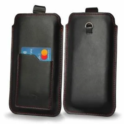 Produktbild von Universal Leder Handyhülle zum Einstecken LURESKO ASTER XXXL, mit Öse für Handykette, für Handys von 6,5 bis 6,9 Zoll, Schwarz mit roter Naht