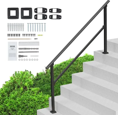 Image de VEVOR Mains courantes extérieures pour 5 à 6 marches, kit de mains courantes d'escalier en acier au carbone, kit de montage inclus, idéal pour les personnes âgées, adapté aux marches en béton, aux vérandas et aux terrasses, design carré noir