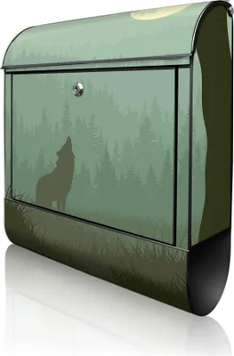 Zdjęcie produktu dla banjado Design Skrzynka pocztowa stalowa czarna z przegródką na gazety, malowana proszkowo „Wyjący wilk” 38 x 46 x 12,5 cm i 2 klucze – skrzynka pocztowa A4 z otworem na listy, wraz z materiałami montażowymi [BK 11022]