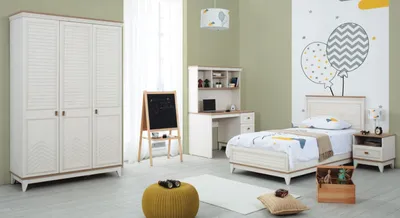 Image de Lit bébé Ensembles de chambre à coucher Lit adolescent blanc Ensemble en bois 4 pièces Lit