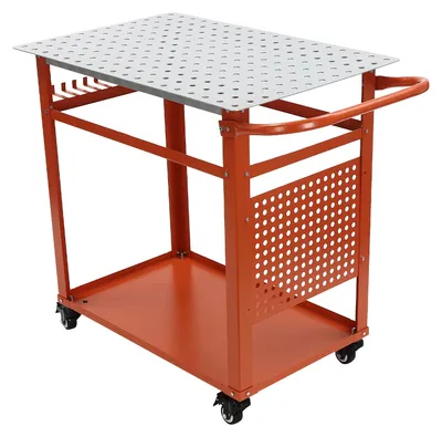 Obrázok produktu pre Zváračský stôl - dvojposchodová pracovná doska - oceľ, nosnosť 272 kg - 4 kolieska, z toho 2 s brzdou - doska s otvormi 16 mm - červená