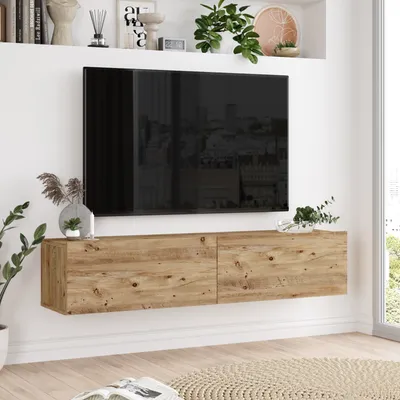 Meuble TV Homestyle4u En Bois Massif Noir – Style Industriel, 3 Portes Et 3 Tiroirs, 195 Cm
