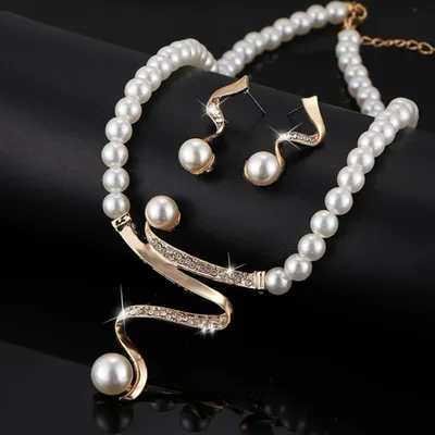 Produktbild von Strass Kunstperlen Halskette Ohrstecker Braut Hochzeit Schmuckset