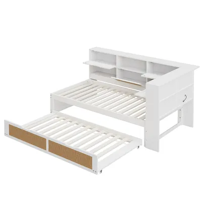 Obrázek produktu pro okwish Rozkládací postel 90×200 cm, Dětská postel Manželská postel s výsuvným lůžkem Multifunkční dvojlůžko s mnoha úložnými prostory a nabíjecí přípojkou, Bez matrace, Bílá