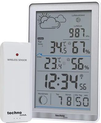 Produktbild von Funkwetterstation mit Außensensor, Innen- und Außentemperatur, Luftfeuchtigkeit, Wettervorhersage