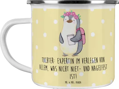 Produktbild von Mr. & Mrs. Panda Teetasse Tochter Expertin - Gelb Pastell - Geschenk, Teebecher, Familie, Liebenswert, Chaos, Einfallsreichtum, Lächeln, Emaille Becher, Pott, Kaffeepott