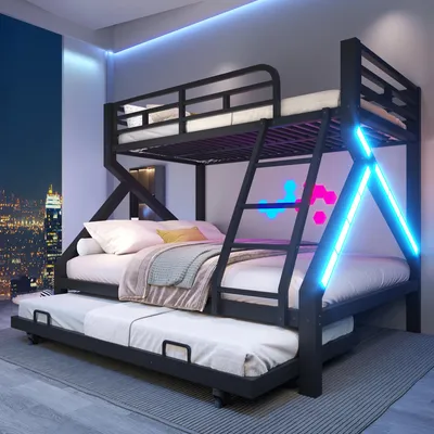 Immagine prodotto di Letto a castello 90 x 200 / 140 x 200 cm con letto estraibile 90 x 190 cm, illuminazione a LED, ringhiera di sicurezza, scaletta, struttura in metallo, colore nero