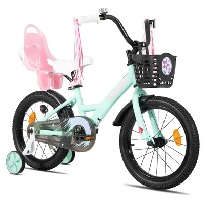 Produktbild von Joystar 14 Zoll Mädchenfahrrad mit Puppensitz und Korb, Kinderfahrrad mit Stützräder, Luftschlangen, vollständigem Kettenschutz, Schutzblechen