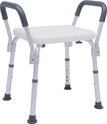 A white shower stool with gray armrests and gray feet, shown from the front on a white background.