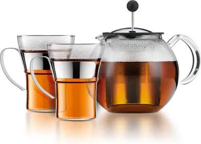 Image de Théière à Piston BODUM ASSAM SET, 1.0 l, Couvercle et Filtre Inox, 2 Tasses Verre Anse Inox 0.35 l
