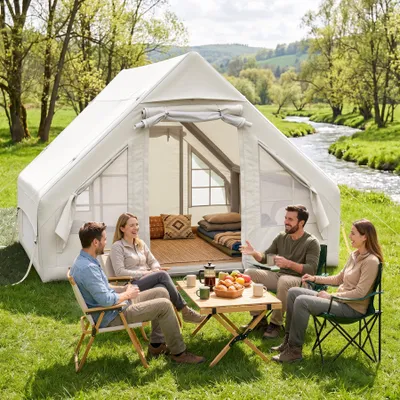 Produktbild von Hawthyhome Aufblasbares Campingzelt 3x2m mit Luftpumpe 2-6 Personen Luftzelt Wasserdicht & Schneller Aufbau 4-Jahreszeiten All-in-One, Weiß
