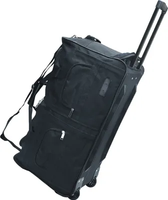 A black rolling suitcase is shown against a white background.