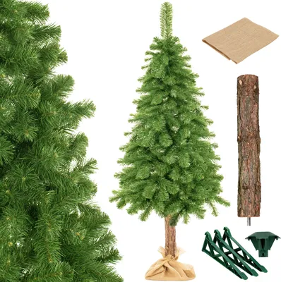 A Christmas tree with its components laid out separately against a white background.