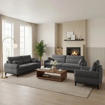 Produktbild von BEAUTYSOFA | Wohnzimmer-Set BELLANO - Gepolsterter Set mit Armlehnen, Sessel und Sofas - Veloursstoff in Grau mit schwarzen Holzbeinen