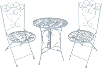 A white metal bistro set with a round table and two chairs, displayed on a white background.