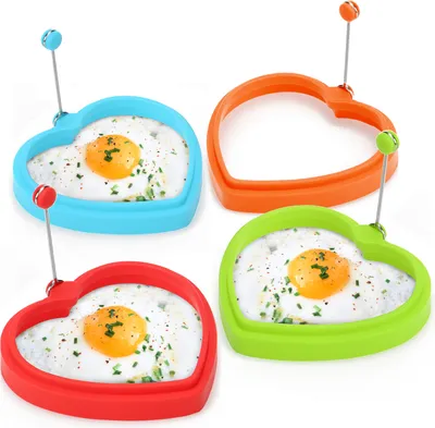 Produktbild von COM-FOUR® 4x Omelettpfannenform Herz - Herzform für Spiegelei und Pancakes - Silikonherz mit klappbarem Hitzeschutzgriff - Spiegeleiformen