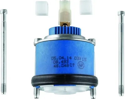 A close-up studio shot of a faucet cartridge and two screws.