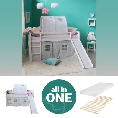 Produktbild von Homestyle4u Kinder Hochbett 90x200 weiss mit Matratze Lattenrost Rutsche