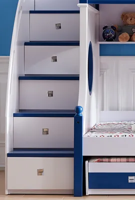 Produktbild von Kinder Etagenbett | Hochbett | Kinderbett | Funktionsbett | Mit Treppe | Mit Regal | Mit Schubfächer | 3 Schlafplätze | Blau/Weiß