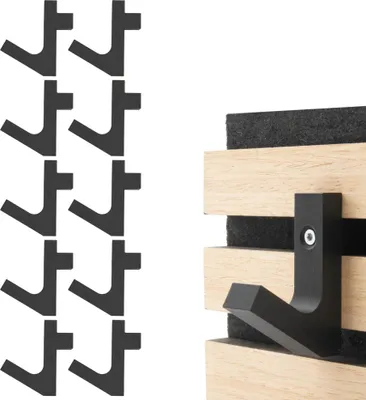 A collage of black coat hooks and a close-up of one hook mounted on a wooden slat wall.