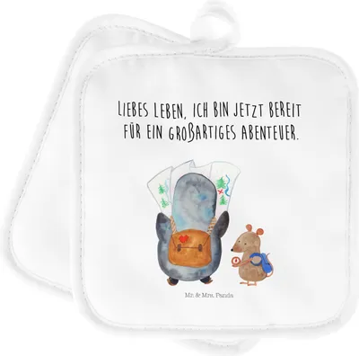 Produktbild von Mr. & Mrs. Panda Topflappen Pinguin & Maus Wanderer - Weiß - Geschenk, Set, topfhalter, Topfuntersetzer, Roadtrip, Topflappenset, Pinguine, Kochlappen, Wandern, Abenteuer
