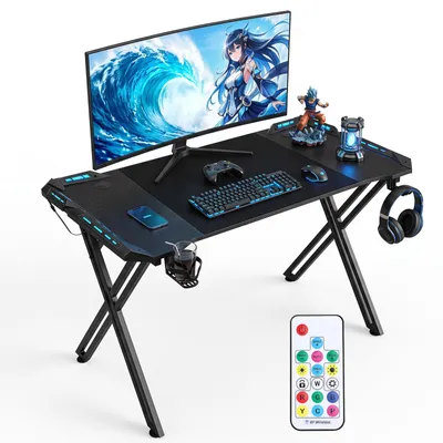 Obrázok produktu pre Herný stôl Peviasot, rozmer 120x60 cm, X-tvar, s RGB LED osvetlením, držiakom na nápoje a držiakom na slúchadlá