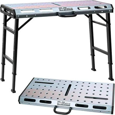 Imagen del producto de Mesa de soldadura plegable, capacidad de 450 kg, con 7 niveles de ajuste de altura (71-93 cm). Banco de trabajo con superficie de trabajo perforada de 106 x 53 cm. Mesa de taller para soldadura, montaje, garaje y trabajos de metal