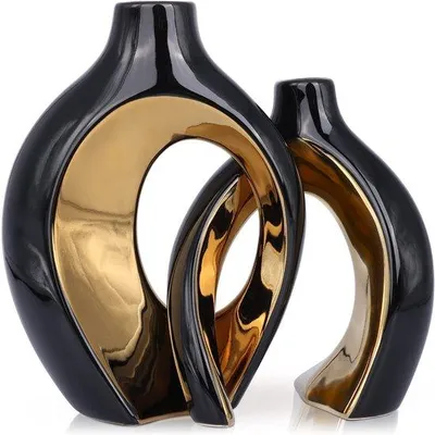Produktbild von Schmuckvase-Set aus keramischer Donut-Form, schwarz und gold, 2-teilig, für Hochzeitseingang, Bücherregal, Kamin, Mittelpunktdeko