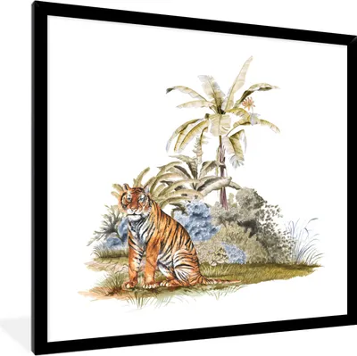 Produktbild von MuchoWow® MuchoWow® Gerahmtes Poster Tiger - Pflanzen - Malerei 40x40 cm - Poster mit zchwarzem Bilderrahmen - Mit Rahmen - Wanddekoration Schlafzimmer