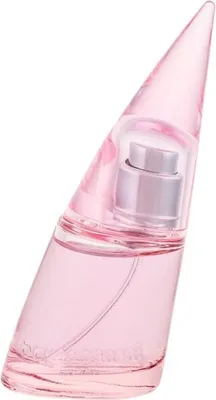 A pink perfume bottle with a silver spray nozzle.