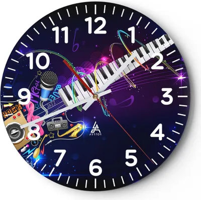Produktbild von Wanduhr - Rund - Glasuhr - Gitarre Instrument Musik Notiz - 40x40cm - Schleichendes Uhrwerk - Lautlos - zum Aufhängen bereit - Dekoration Modern - Wanddekoration aus Glas - C4AR40x40-2724