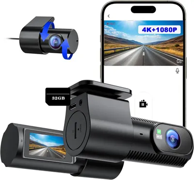 A collage of a dashcam system, including a front and rear camera, a smartphone displaying the app interface, and a 32GB memory card.