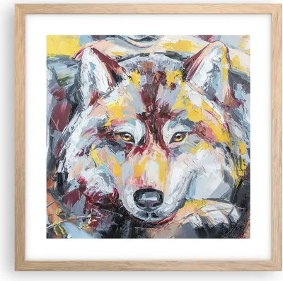 Produktbild von Gerahmtes Poster - Rahmen in heller Eiche - Öl Wolf Hund - 40x40 cm - Wand Bild - Wanddeko - Wandbilder - Kunstposter - Wandposter - Bilderrahmen - Bilder - Kunstdruck - P2NAC40x40-4673