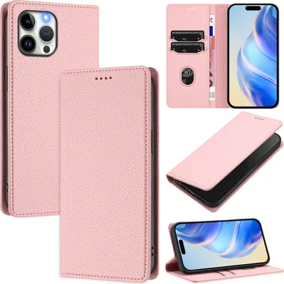 Produktbild von Litchi Leder Handyhülle für iPhone 12 Pro Max Wallet Kartenfächer Standfunktion Hülle Pink