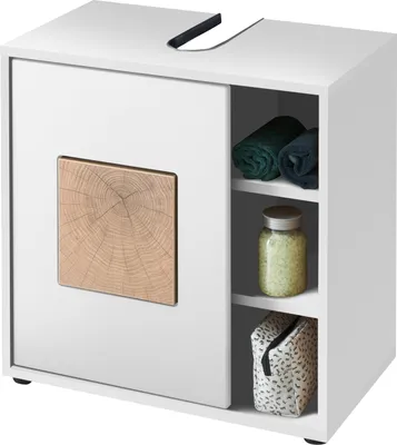 Produktbild von GREECE Badezimmer Waschbeckenunterschrank in Weiß mit Hirnholz-Applikationen - Bad Unterschrank Badezimmerschrank mit viel Stauraum - 60 x 60 x 35 cm (B/H/T)