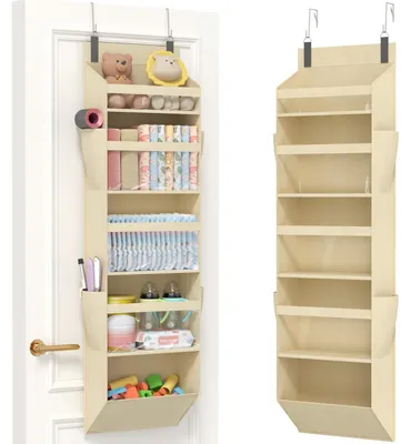 Productafbeelding van Deurorganizer, hangende organizer, hangende kast met 5 vakken, zichtvensters en 4 zijvakken, geschikt voor badkamer, slaapkamer, studentenkamer, beige, 140 cm (hoogte), 1 stuk