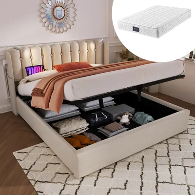 Produktbild von Sweiko Polsterbett Doppelbett Leselicht mit Ladefunktion Kopfteil Stauraum Bettgestell Leinenmaterial Jugendbett 160x200,Natürlich(Mit Matratze)