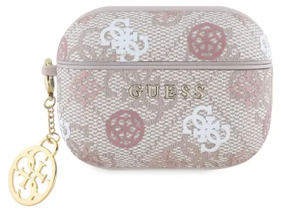 A close-up studio shot of a pink and white patterned Guess AirPods Pro 2 case with a gold charm attached.