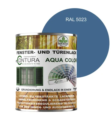 Produktbild von Contura 750ml Fenster und Türenlack Seidenmatt nach RAL 2in1 mit Pinsel Möbellack Innen und Außen Holzlack - RAL 5023 Fernblau