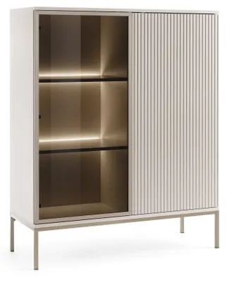 A modern vitrine with a glass door and a ribbed sliding door, illuminated by LED lights.