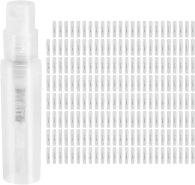 Produktbild von Packung mit 200 transparenten 2-ml-Sprühfläschchen aus Kunststoff – Kleine Kosmetikverpackung – Parfümfläschchen – Spray