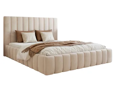 Image de Besilio Meubles - Lit double 180x200 Tina Slim - Lit de chambre à coucher avec sommier à lattes et coffre de rangement - Tissu velours - Beige& Velluto 02