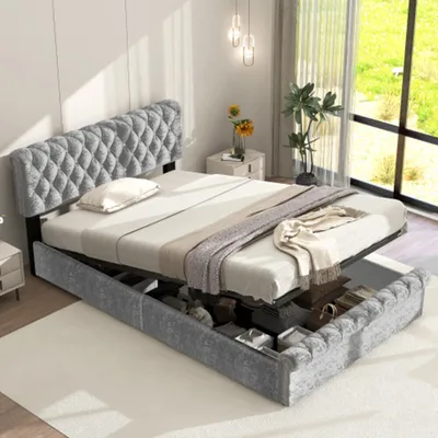 Produktbild von Polsterbett mit Lattenrost und Kopfteil, Jugendbett, Polsterbett mit höhenverstellbares Kopfteil, Holzlattenunterstützung, 90*200