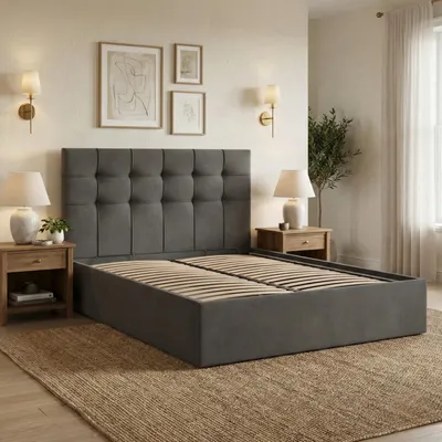 Produktbild von Polsterbett 140x200 cm mit Lattenrost Doppelbett ohne Bettkasten elegantes Bett mit Kopfteil, Samtstoff, Veloursbett, Grau, Dunkelgrau SORIA 140 x 200