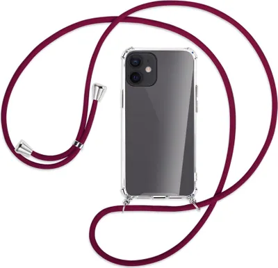 Produktbild von Handykette Backcover-Schutzhülle mit Band (Metall silberfarben) für Apple iPhone 12 Mini - dunkelrot