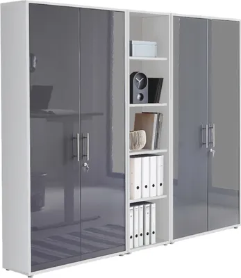 Produktbild von Aktenschrank TABOR 10 in weiß / anthrazit Hochglanz, Schrankwand, Büroschrank, abschließbar, Metallgriffe