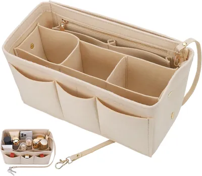 Zdjęcie produktu dla Organizer do torebki, Multi-Pocket Torba Organizer Beżowa L, 30x17x16 cm, Filcowy Wkład do Torby, dla Kobiet