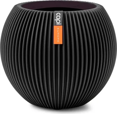 A black, ribbed, spherical planter pot with a label attached.
