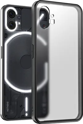 Two phone cases are shown, one in front of the other. The case in the foreground is transparent and shows the back of a phone with a glowing ring around the camera module. The case in the background is also transparent and shows the back of a phone with a 